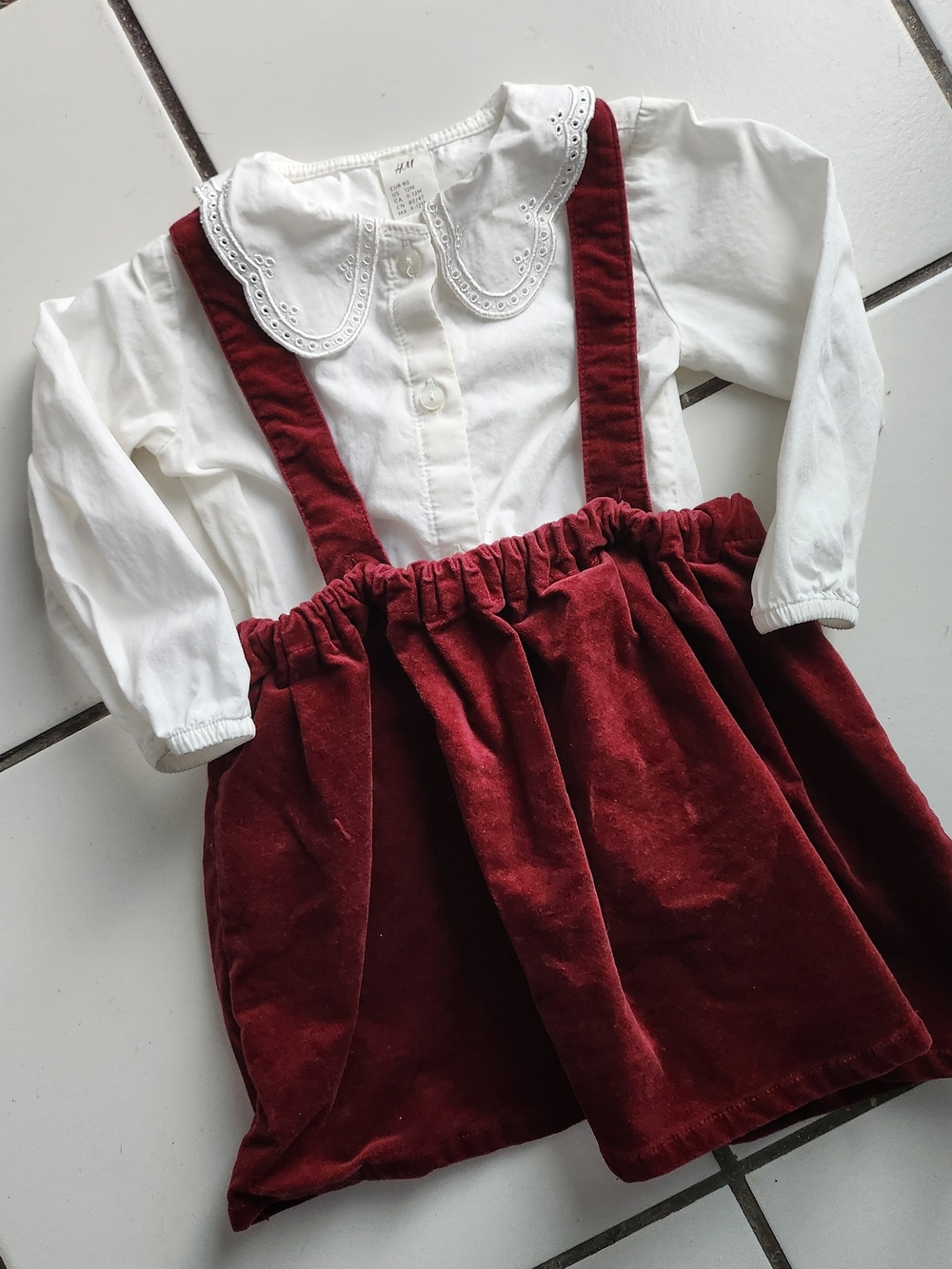 H&M White Peter Collar Top with Burgundy Corduroy Suspender Skirt - Kids